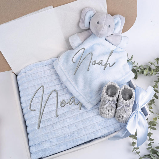 Embroidered Blue Elephant Comforter Blanket Gift Set | Baby Shower Gift | Baby Booties | Baby Gift | Newborn Girl Boy | Newborn Baby Gift
