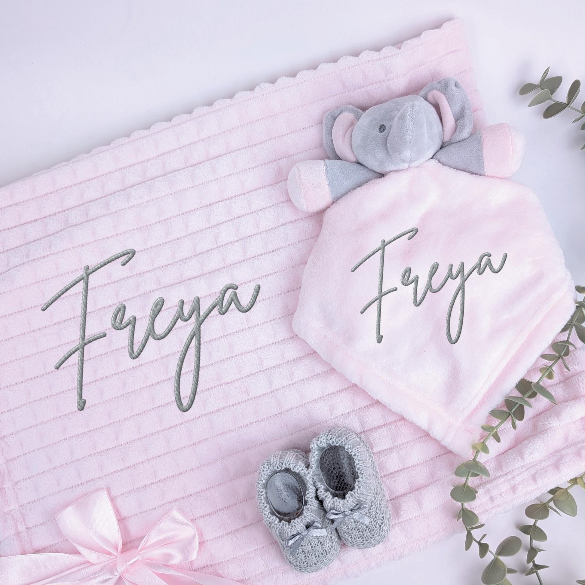Embroidered Pink Elephant Comforter Blanket Gift Set | Baby Shower Gift | Baby Booties | Baby Gift | Newborn Girl Set | Newborn Baby Gift