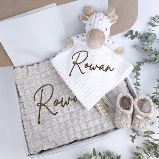 Embroidered Neutral Giraffe Comforter Blanket Gift Set | Baby Shower Gift | Baby Booties | Baby Gift | Newborn Girl Boy | Newborn Baby Gift