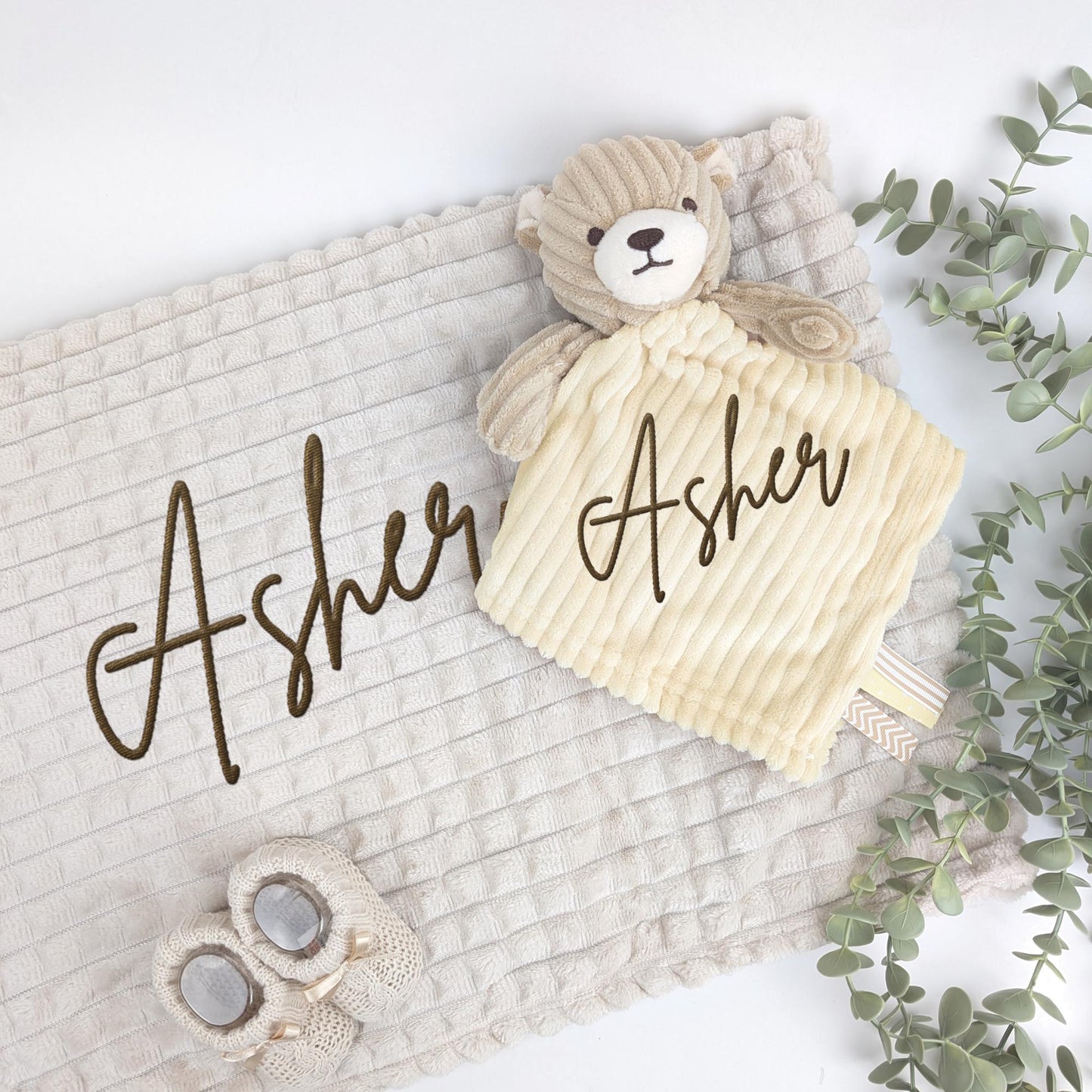 Embroidered Beige Teddy Comforter Blanket Gift Set | Baby Shower Gift | Baby Booties | Baby Gift | Newborn Girl Boy | Newborn Baby Gift