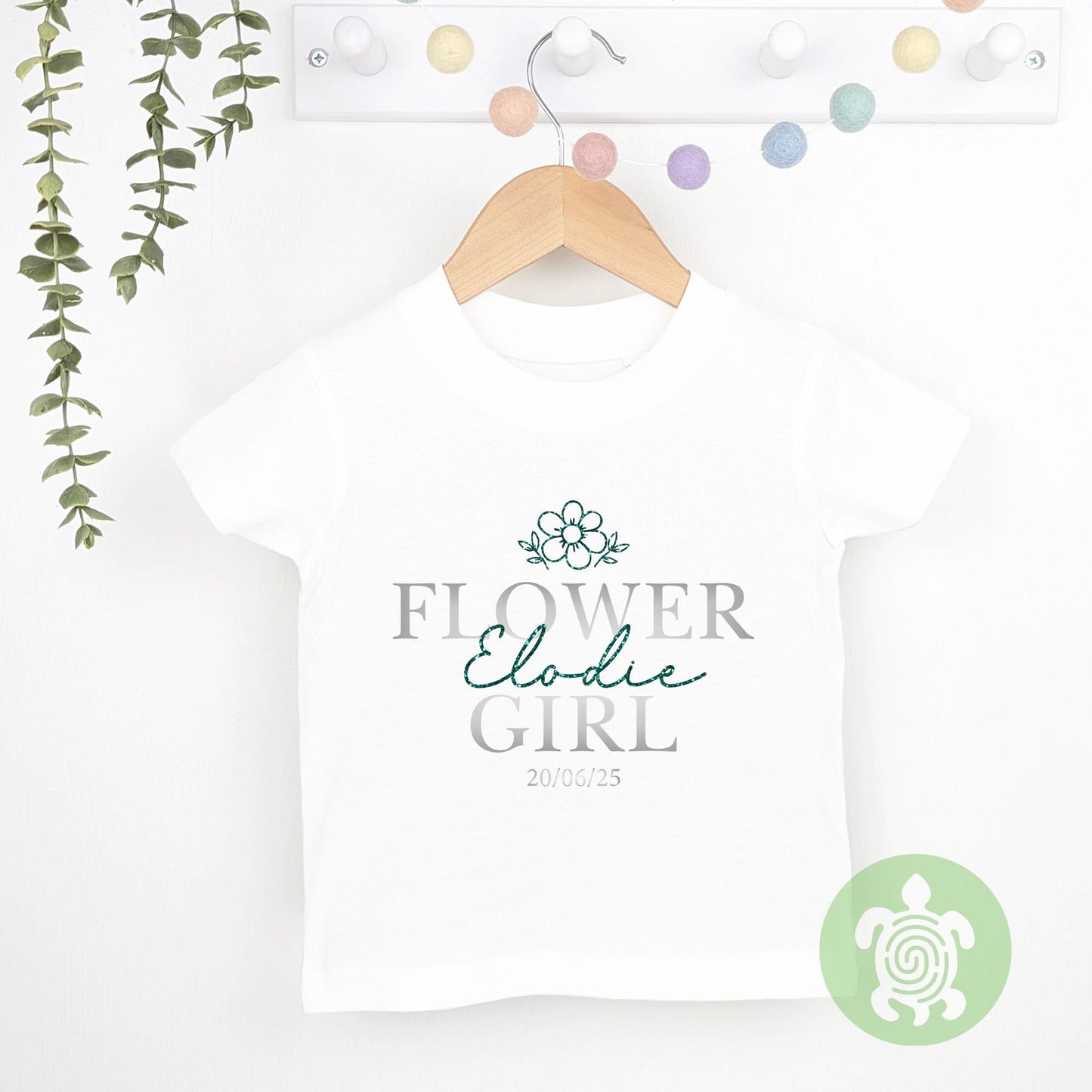 Flower Girl, Bridesmaid Wedding Glitter Name Flower Personalised Toddler T-Shirt, Green, Pink, Neutral, Purple, Wedding Top, Tshirt