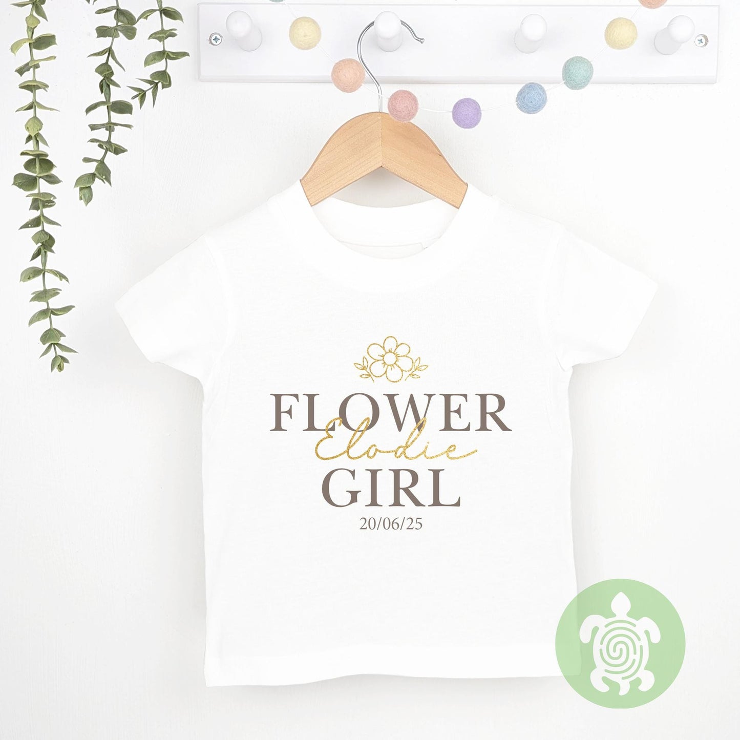 Flower Girl, Bridesmaid Wedding Glitter Name Flower Personalised Toddler T-Shirt, Green, Pink, Neutral, Purple, Wedding Top, Tshirt