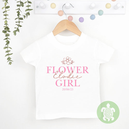 Flower Girl, Bridesmaid Wedding Glitter Name Flower Personalised Toddler T-Shirt, Green, Pink, Neutral, Purple, Wedding Top, Tshirt