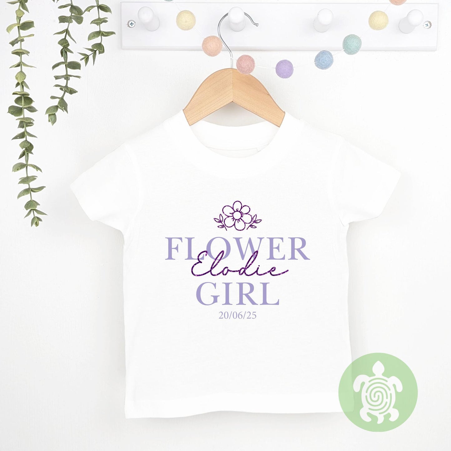 Flower Girl, Bridesmaid Wedding Glitter Name Flower Personalised Toddler T-Shirt, Green, Pink, Neutral, Purple, Wedding Top, Tshirt