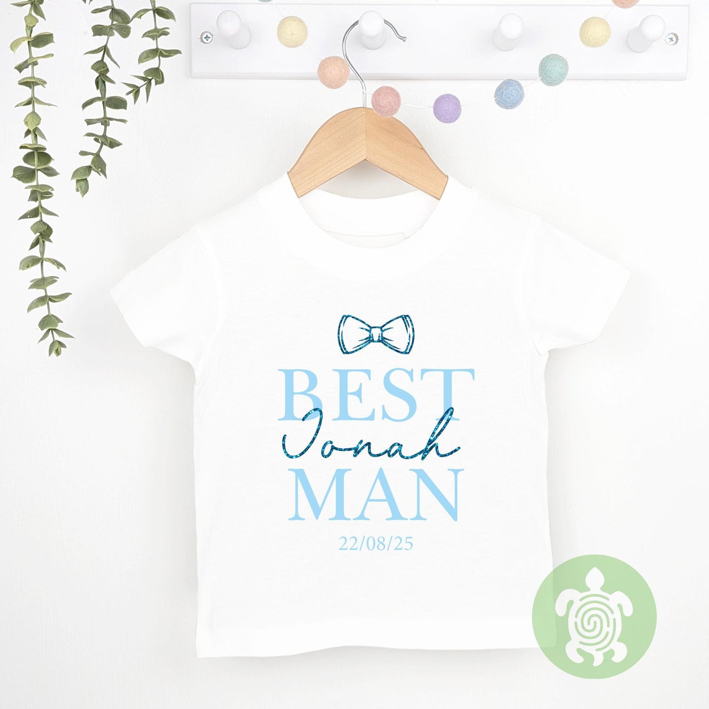 Page Boy Best Man Wedding Glitter Name Bow Tie Personalised Toddler T-shirt, Green, Blue, Neutral Special Occasion, Page Boy Tshirt, Wedding