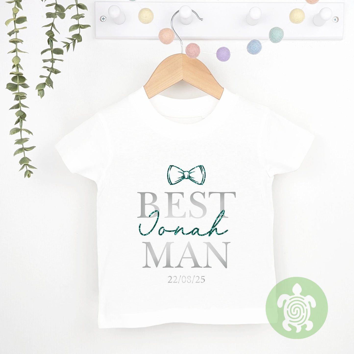 Page Boy Best Man Wedding Glitter Name Bow Tie Personalised Toddler T-shirt, Green, Blue, Neutral Special Occasion, Page Boy Tshirt, Wedding
