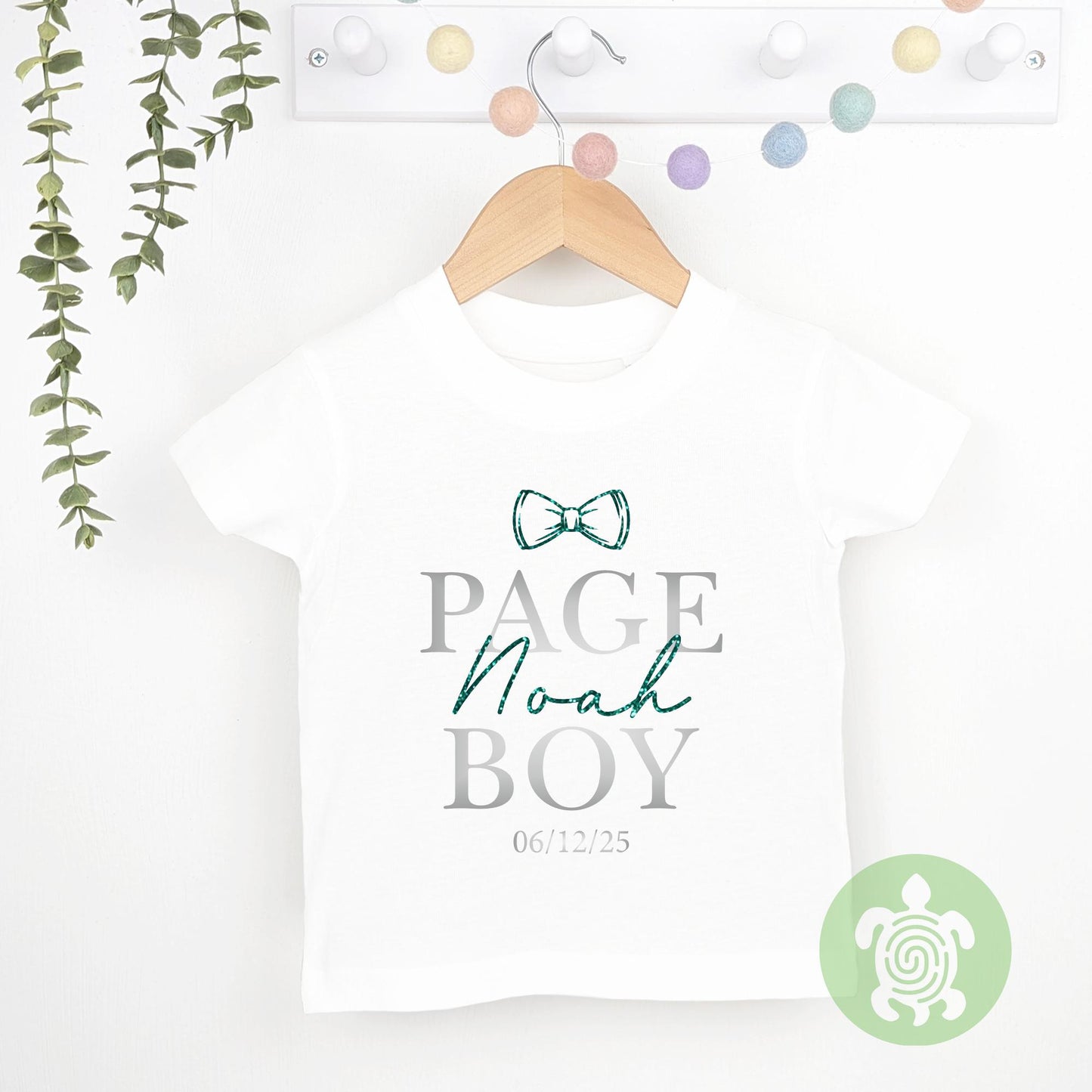 Page Boy Best Man Wedding Glitter Name Bow Tie Personalised Toddler T-shirt, Green, Blue, Neutral Special Occasion, Page Boy Tshirt, Wedding