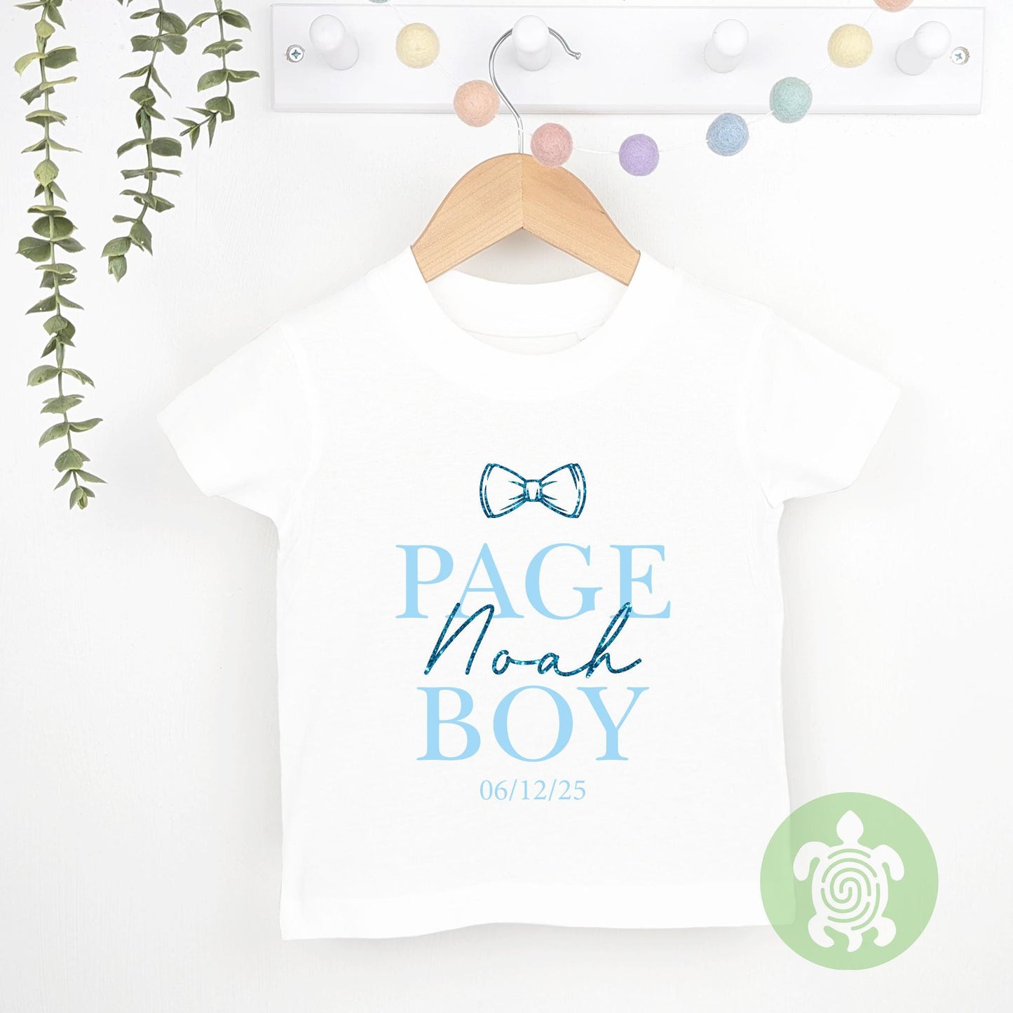 Page Boy Best Man Wedding Glitter Name Bow Tie Personalised Toddler T-shirt, Green, Blue, Neutral Special Occasion, Page Boy Tshirt, Wedding