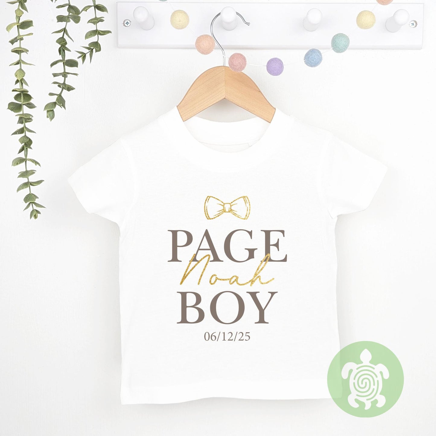Page Boy Best Man Wedding Glitter Name Bow Tie Personalised Toddler T-shirt, Green, Blue, Neutral Special Occasion, Page Boy Tshirt, Wedding