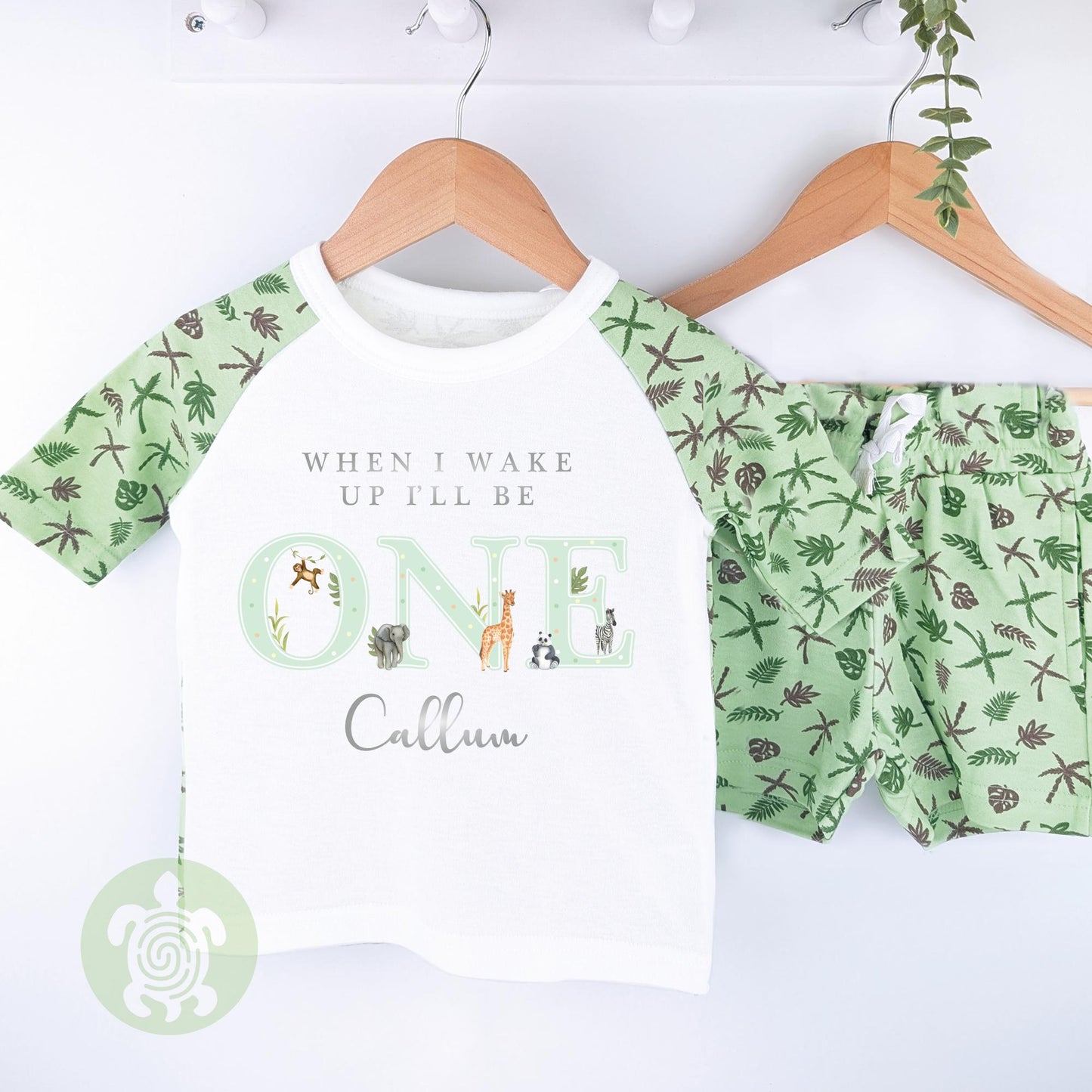 Green Themed Any Age Birthday Boys Palm Tree Shorts & T-shirt Pj's Set, 1st Birthday, Children Toddler Personalised Pyjamas, Birthday Boy