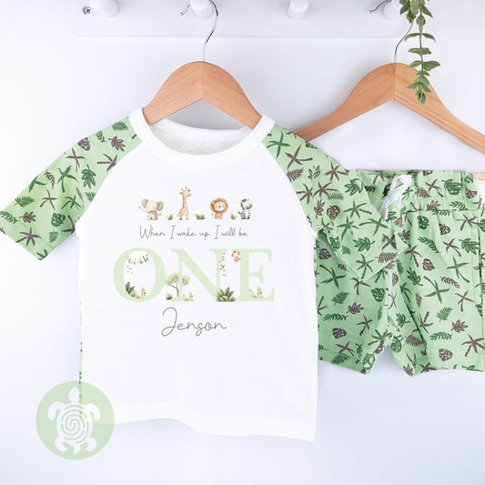 Green Themed Any Age Birthday Boys Palm Tree Shorts & T-shirt Pj's Set, 1st Birthday, Children Toddler Personalised Pyjamas, Birthday Boy