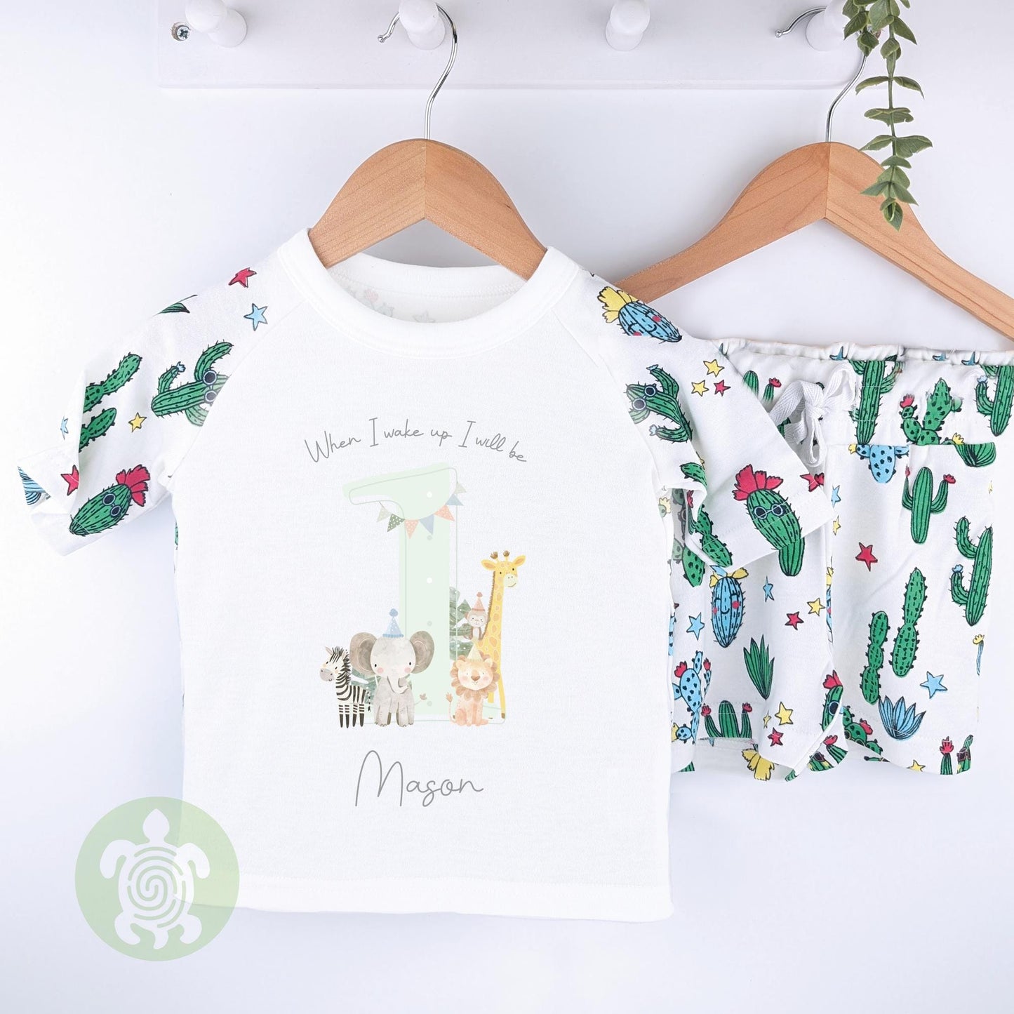 Blue/Green Themed Any Age Birthday Boys Cactus Shorts & T-shirt Pj's Set, 1st Birthday, Children Toddler Personalised Pyjamas, Birthday Boy