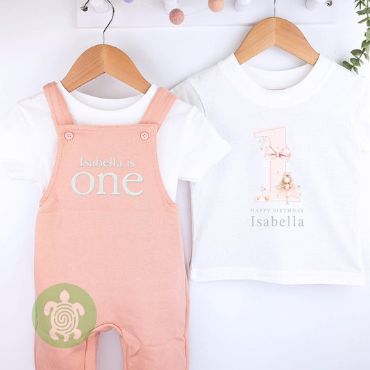 Any Age Personalised Embroidered Birthday Dusty Pink Fleece Dungarees Set,1st Party Outfit with Colour Print,Childs Clothing,Birthday Outfit
