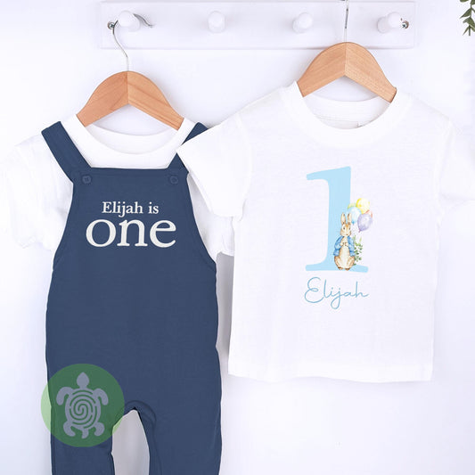 Any Age Personalised Embroidered Birthday Navy Fleece Dungarees Set, 1st Party Outfit with Colour Print, Childs Clothing, Birthday Outfit