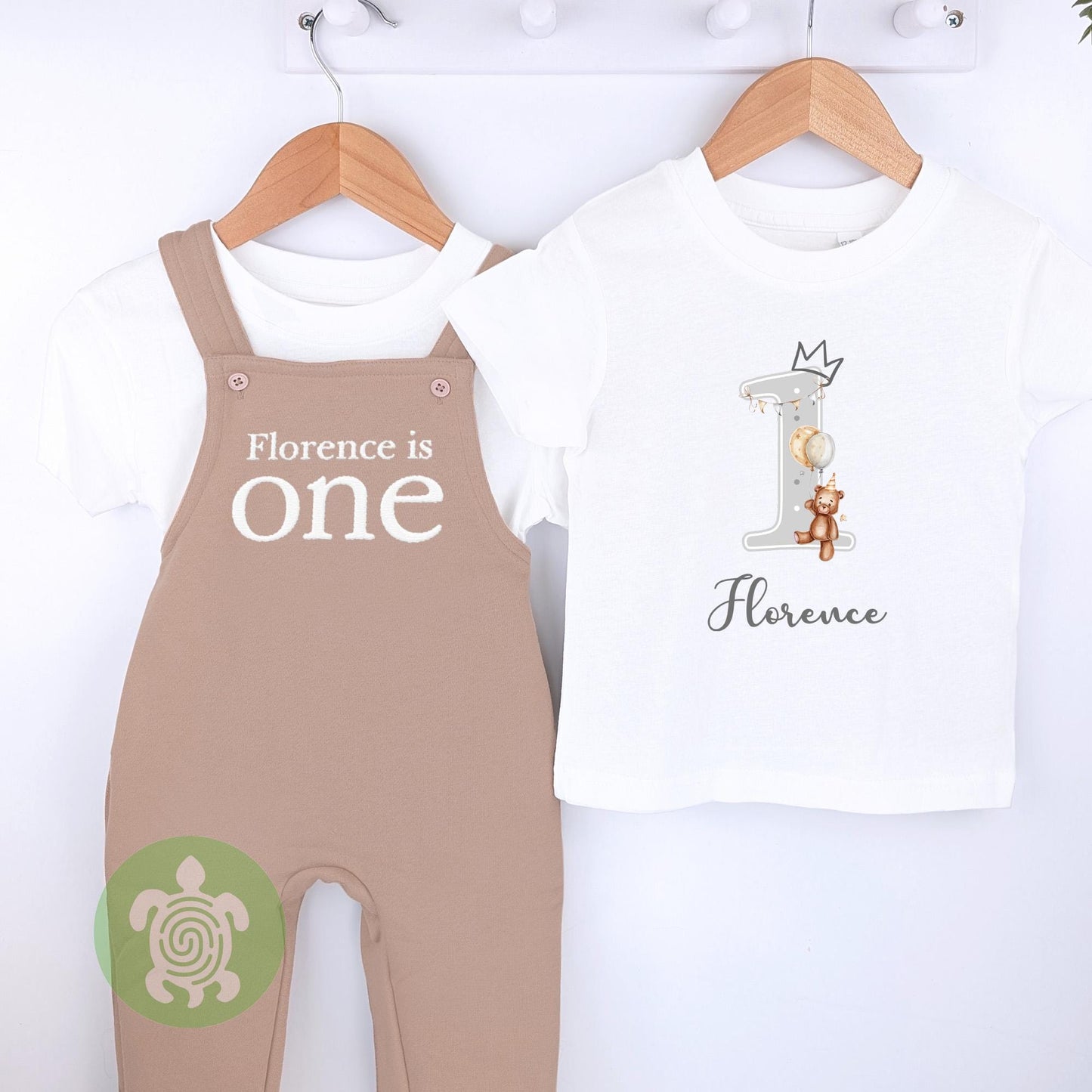 Any Age Personalised Embroidered Birthday Tan Fleece Dungarees Set,1st Party Outfit with Colour Print, Childs Clothing, Birthday Outfit