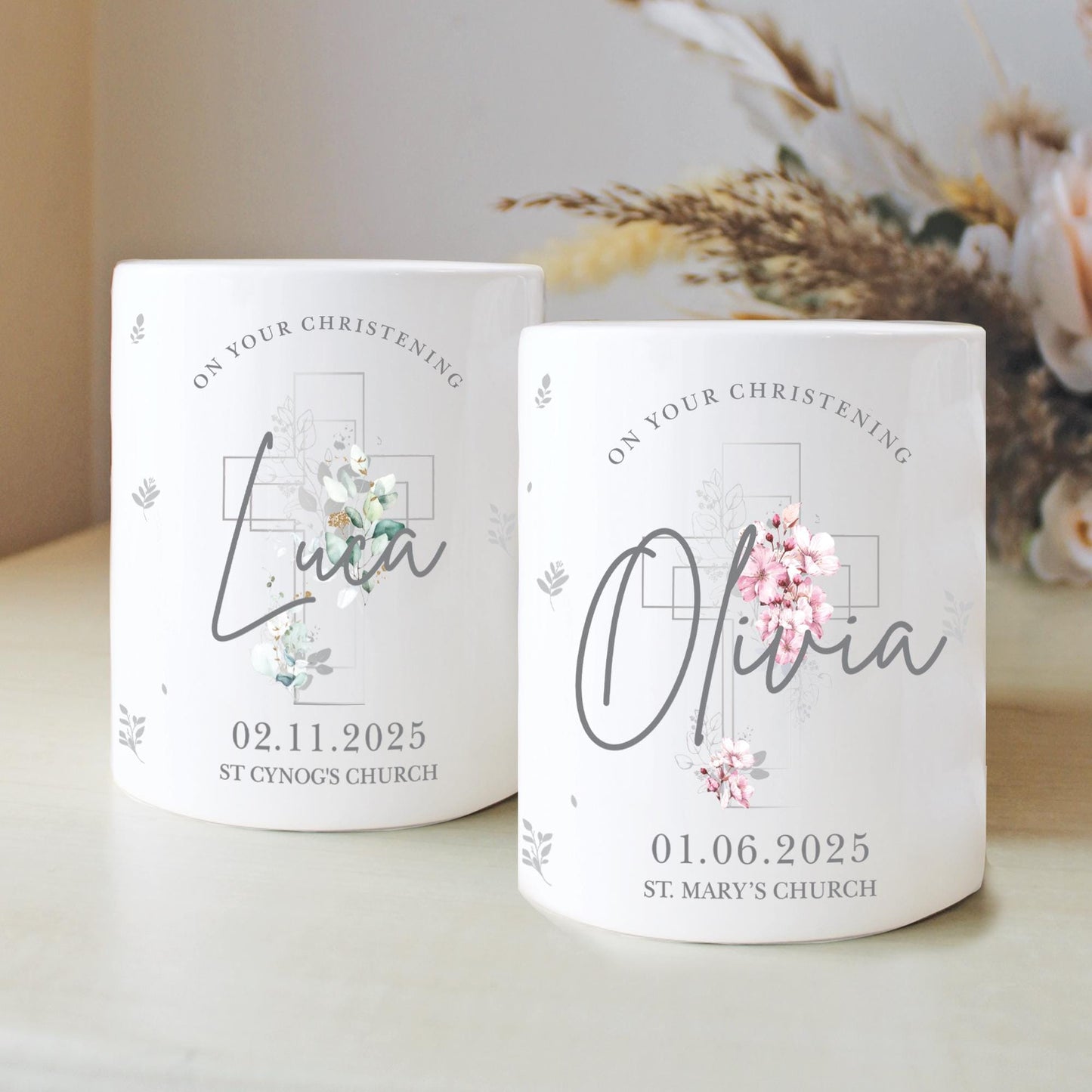 Personalised Green or Pink Leaves Christening Money Box, Personalised Money Box, Christening Gifts, Baby Keepsake, Baby Money Box