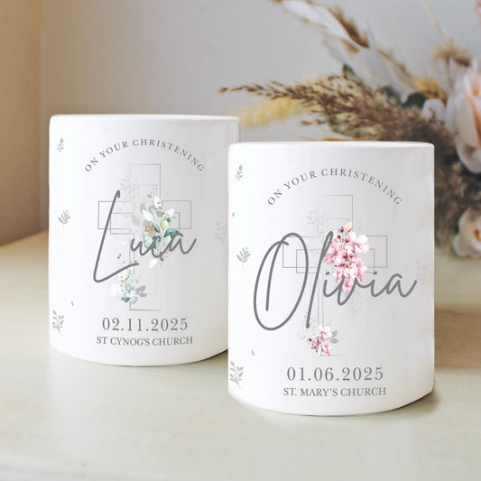 Personalised Green or Pink Leaves Christening Money Box, Personalised Money Box, Christening Gifts, Baby Keepsake, Baby Money Box