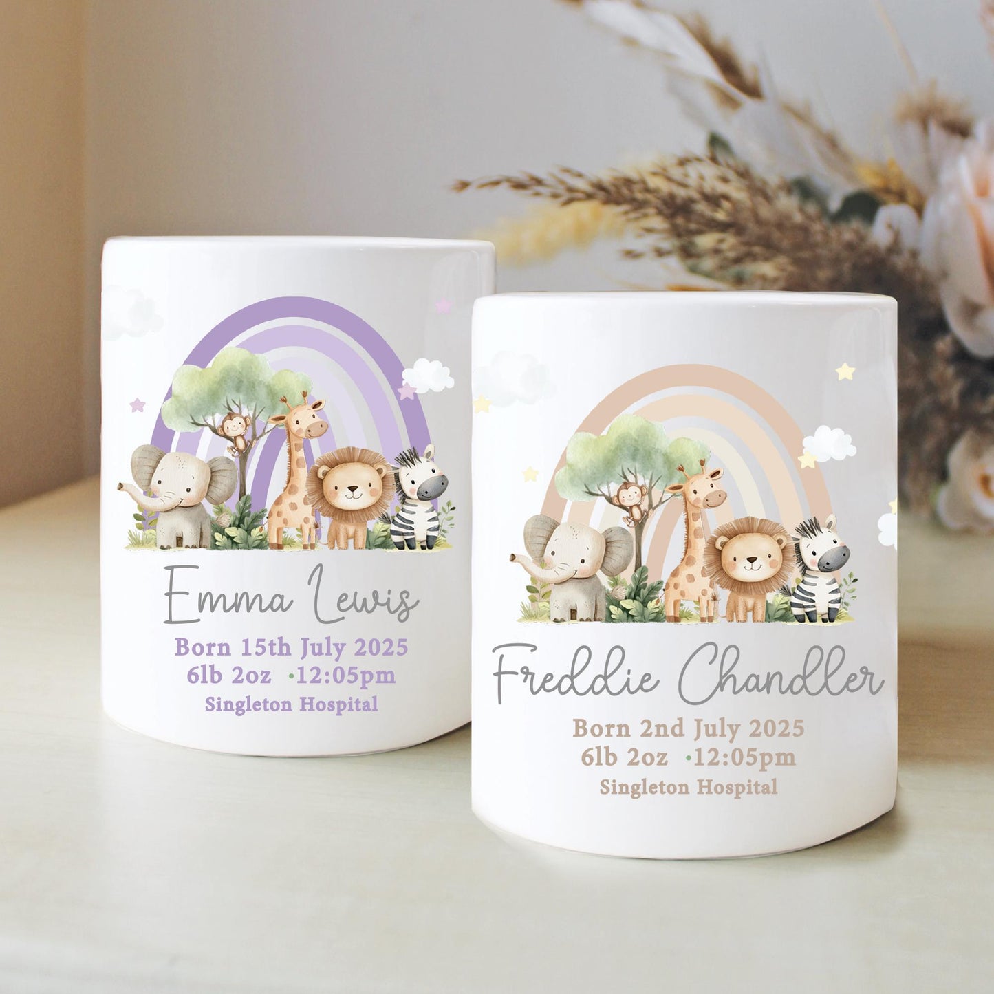 Personalised Safari Newborn Money Box, Christening Keepsake, Jungle Safari, New Baby Gift, First Birthday, Rainbow Gift, Keepsake Gift