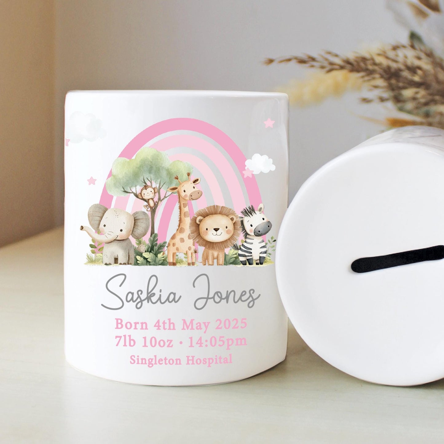 Personalised Safari Newborn Money Box, Christening Keepsake, Jungle Safari, New Baby Gift, First Birthday, Rainbow Gift, Keepsake Gift