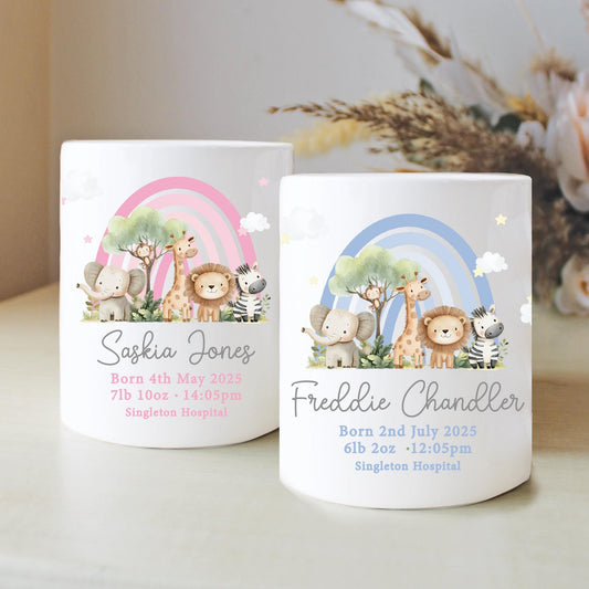 Personalised Safari Newborn Money Box, Christening Keepsake, Jungle Safari, New Baby Gift, First Birthday, Rainbow Gift, Keepsake Gift