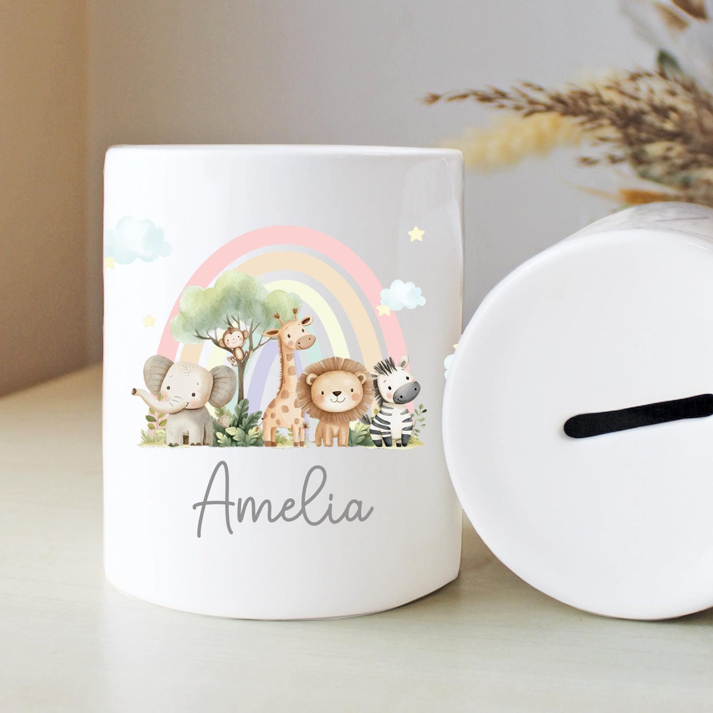 Personalised Name with Safari Rainbow Money Box, Nursery Decor, Jungle Safari, New Baby Gift, First Birthday, Rainbow Gift, Keepsake Gift
