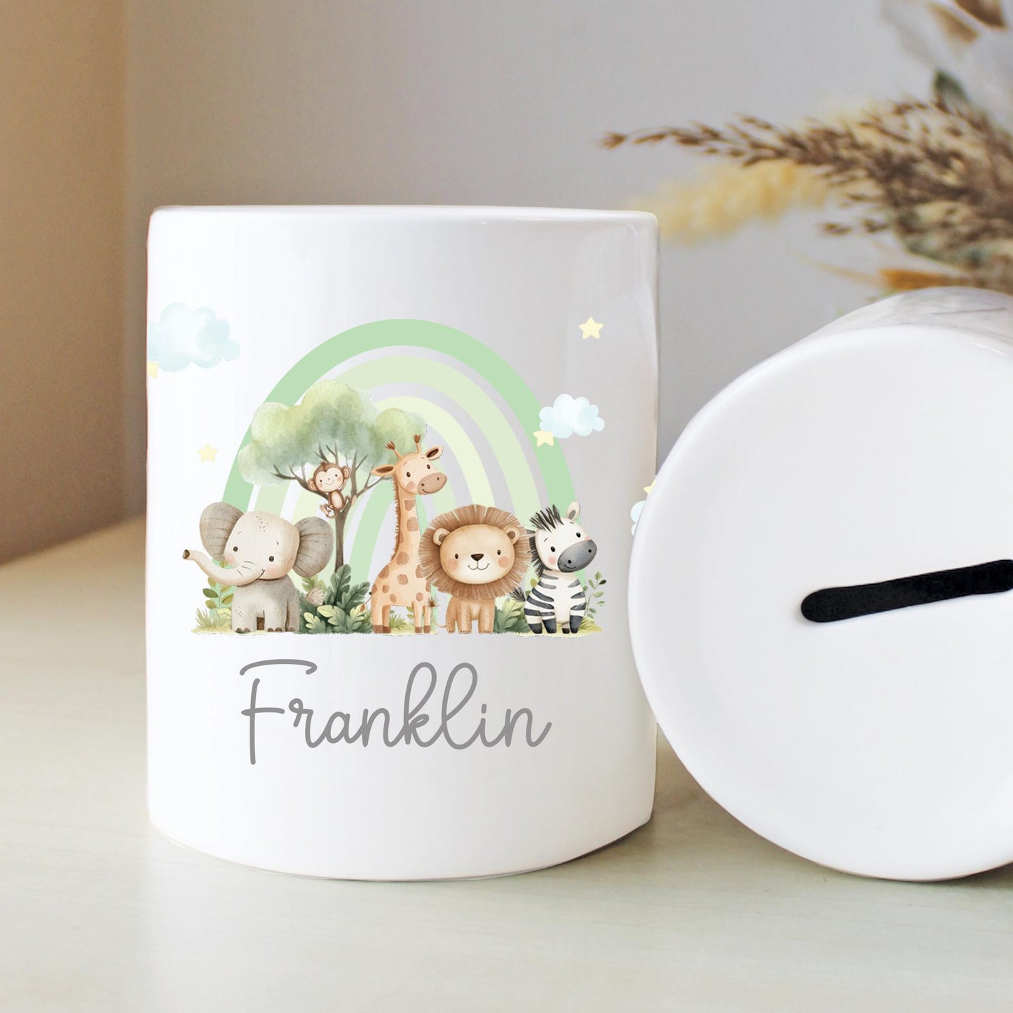 Personalised Name with Safari Rainbow Money Box, Nursery Decor, Jungle Safari, New Baby Gift, First Birthday, Rainbow Gift, Keepsake Gift