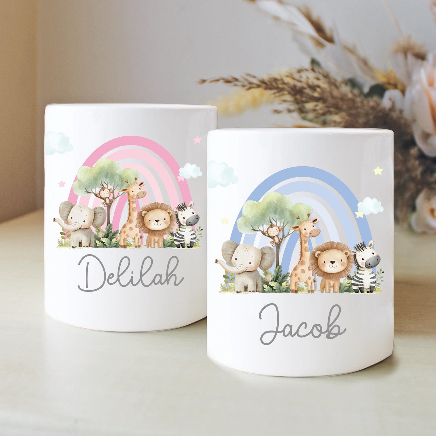 Personalised Name with Safari Rainbow Money Box, Nursery Decor, Jungle Safari, New Baby Gift, First Birthday, Rainbow Gift, Keepsake Gift
