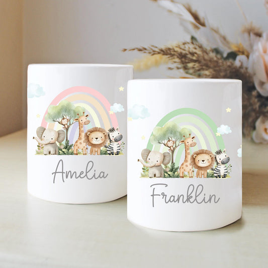 Personalised Name with Safari Rainbow Money Box, Nursery Decor, Jungle Safari, New Baby Gift, First Birthday, Rainbow Gift, Keepsake Gift