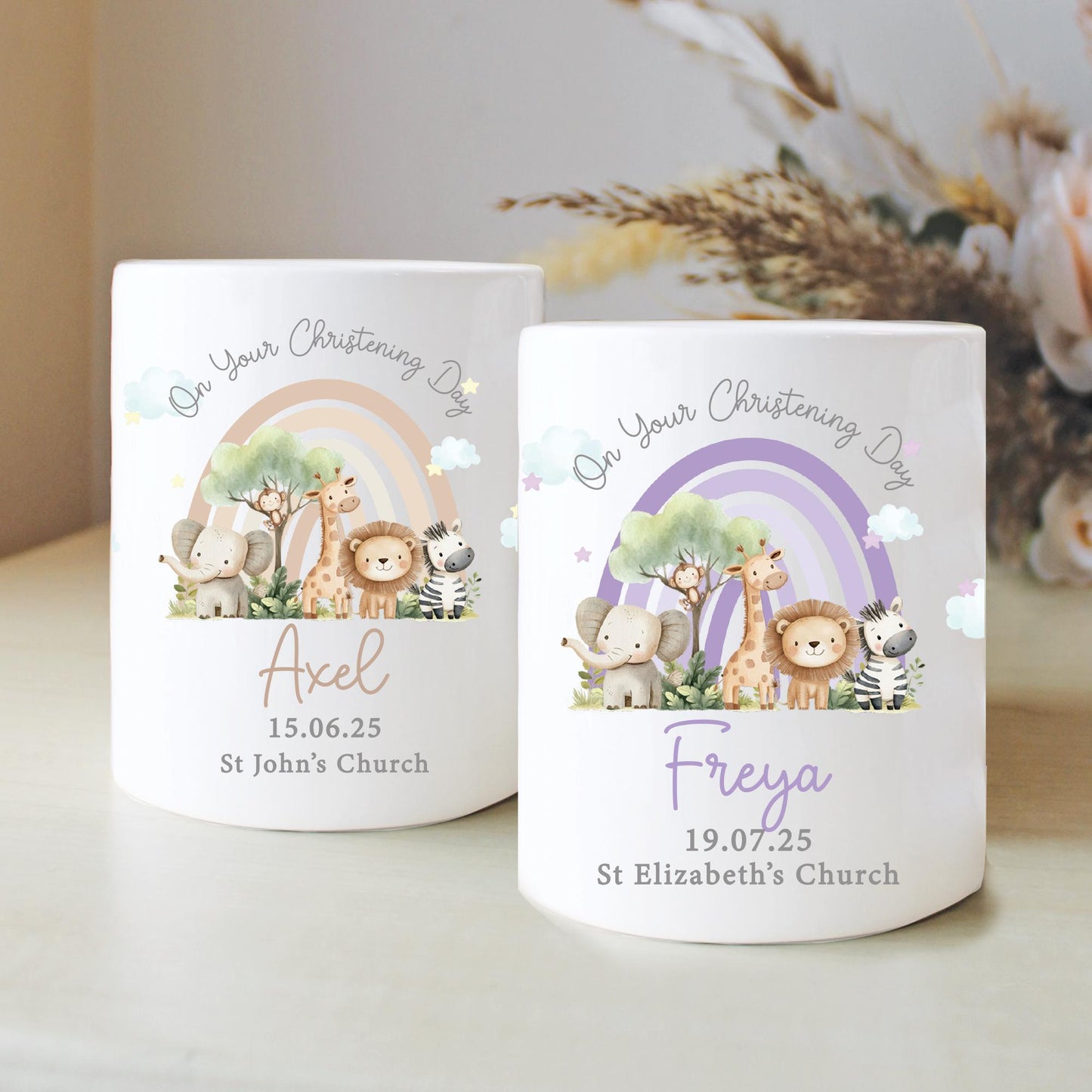 Personalised Safari Rainbow Christening Money Box, Personalised Money Box, Christening Gifts, Baby Keepsake, Baby Money Box, Piggy Bank