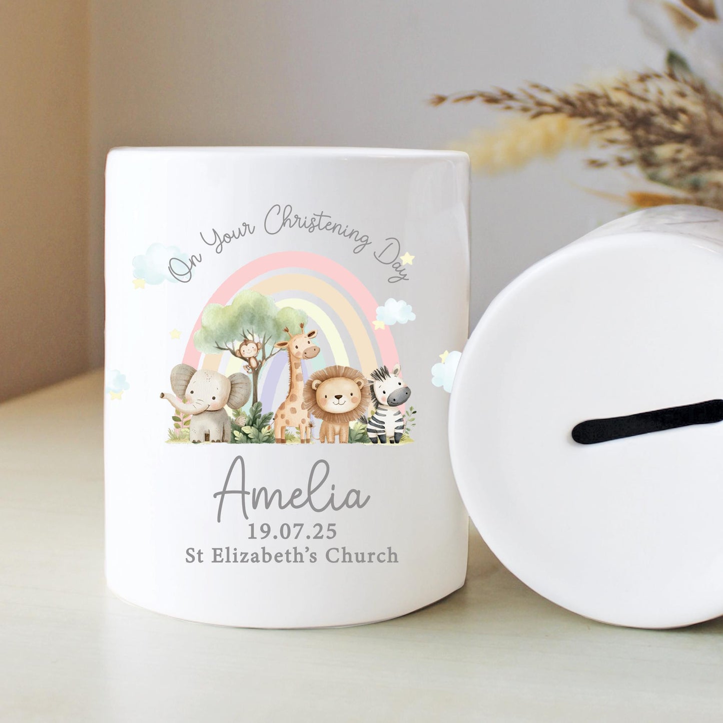 Personalised Safari Rainbow Christening Money Box, Personalised Money Box, Christening Gifts, Baby Keepsake, Baby Money Box, Piggy Bank
