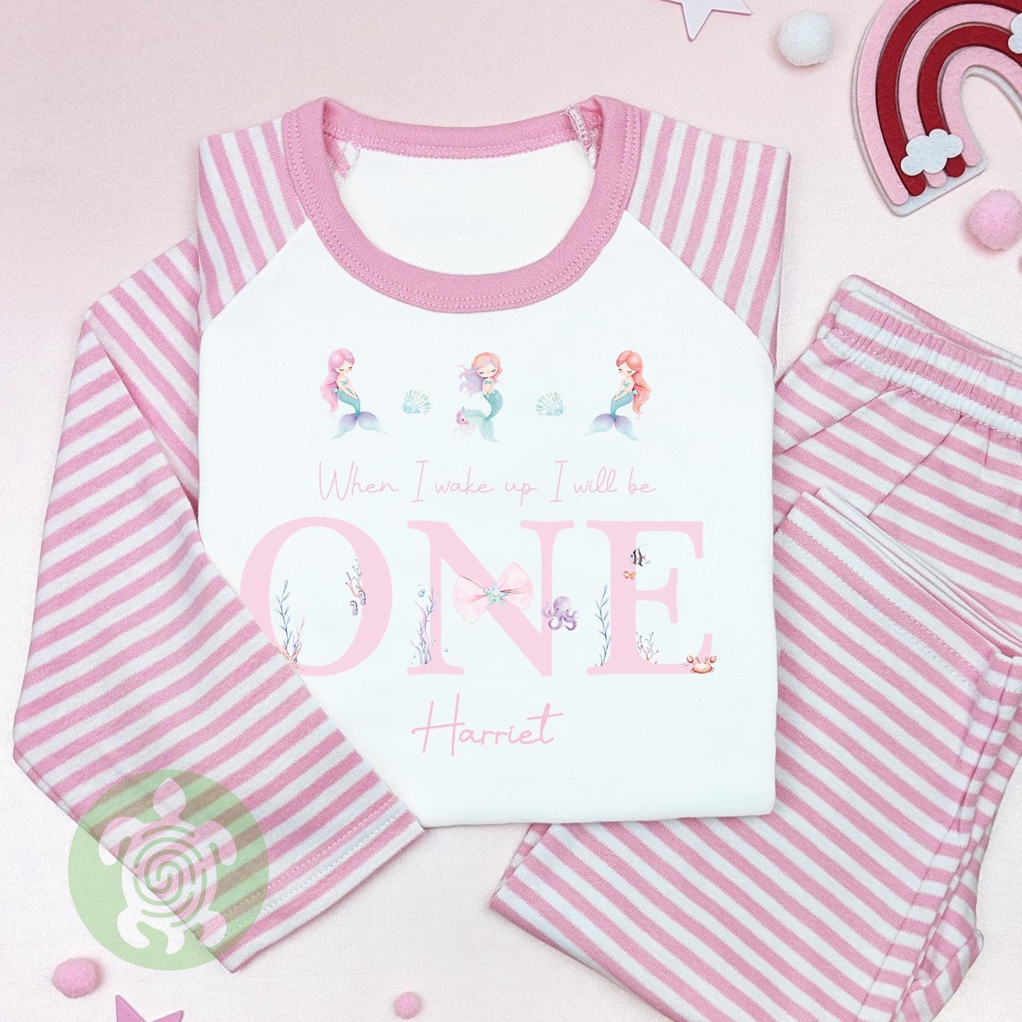 Pink Mermaid Three Sea Life Birthday Personalised Kids Outfit, Birthday Morning Set, Custom Name Cotton Clothing Set, Tight-fitting style