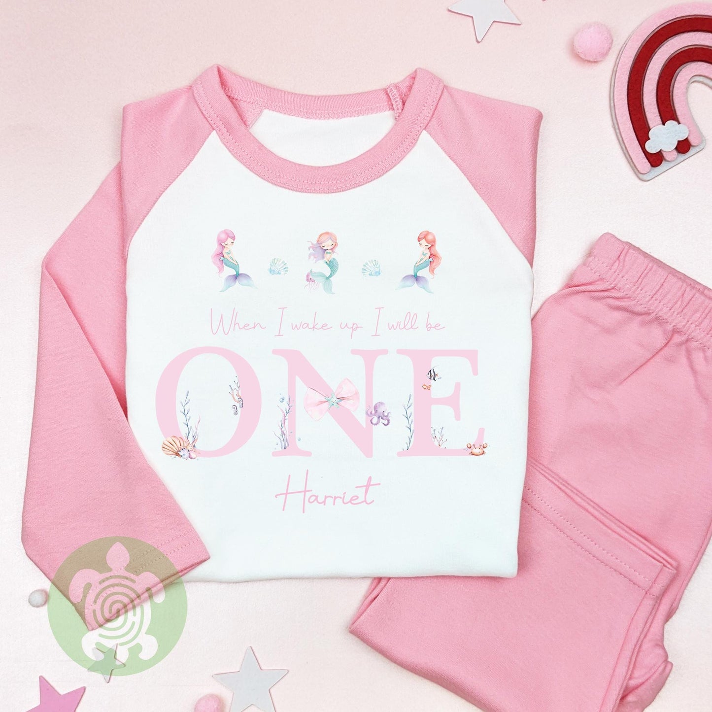 Pink Mermaid Three Sea Life Birthday Personalised Kids Outfit, Birthday Morning Set, Custom Name Cotton Clothing Set, Tight-fitting style