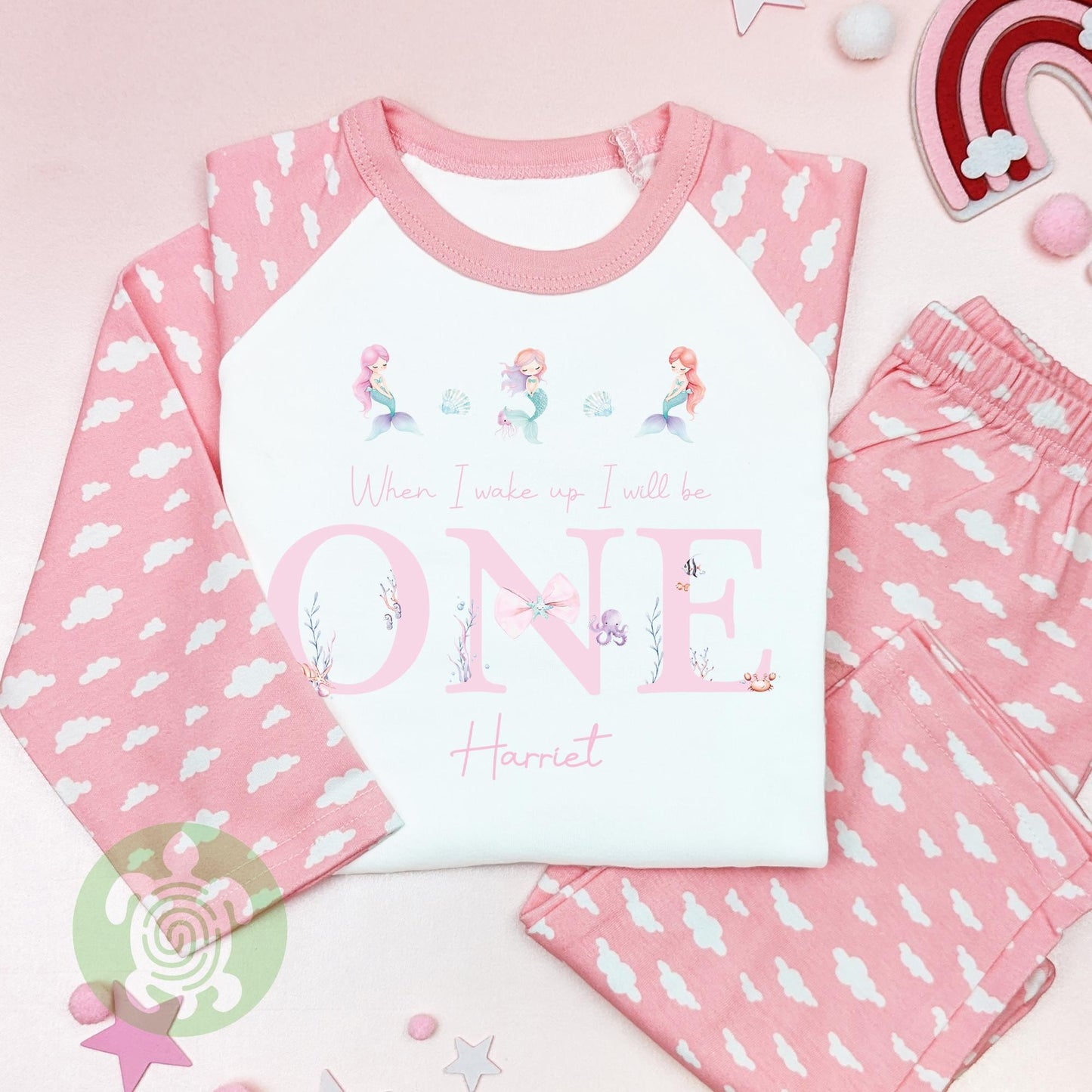 Pink Mermaid Three Sea Life Birthday Personalised Kids Outfit, Birthday Morning Set, Custom Name Cotton Clothing Set, Tight-fitting style