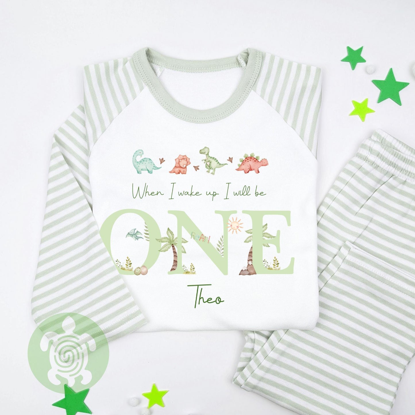 Four Green Dinosaurs When I Wake Any Age Personalised Kids Outfit, Birthday Morning Set, Custom Name Cotton Clothing Set Tight-fitting style