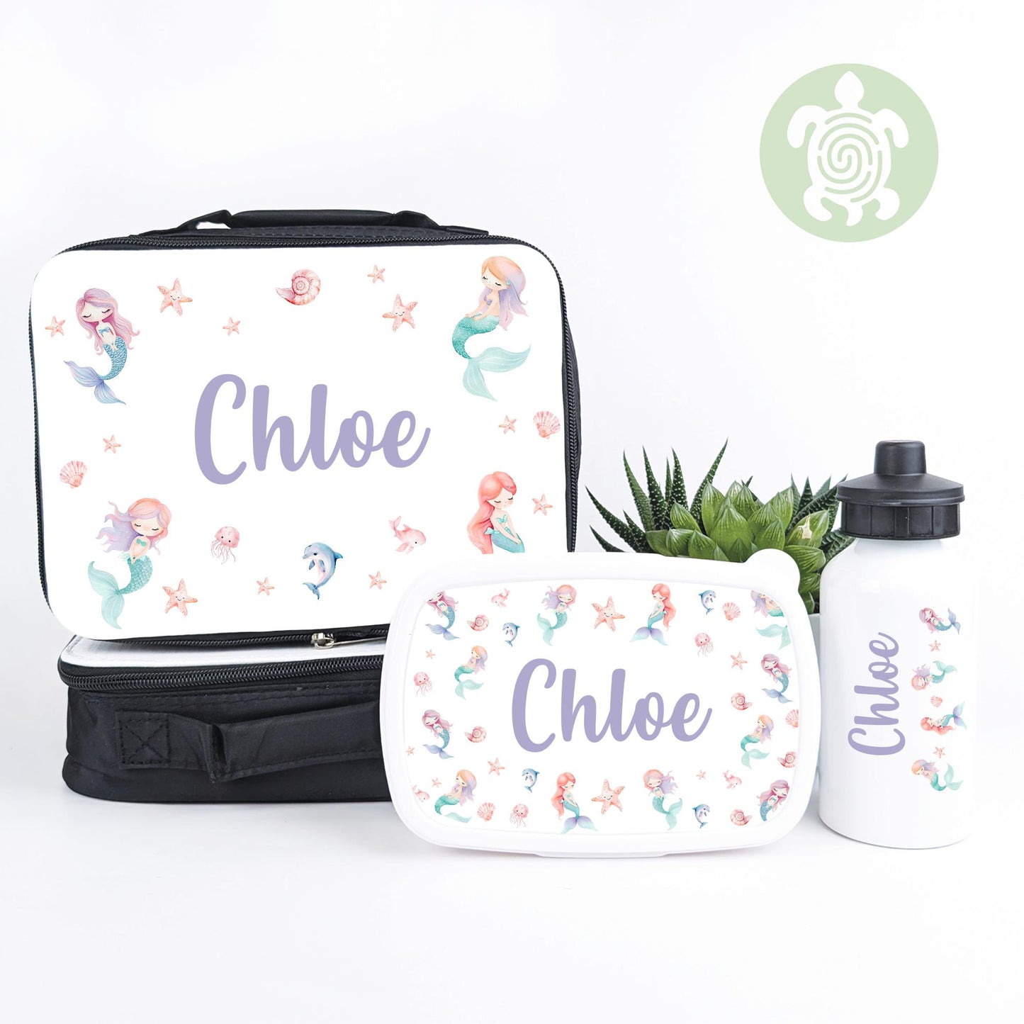 Personalised Mermaid Lunch Bag, Snack Box & Water Bottle Set - Kids Lunch Bag - Girls Lunch Box - Kids Water Bottles - Girls back to school