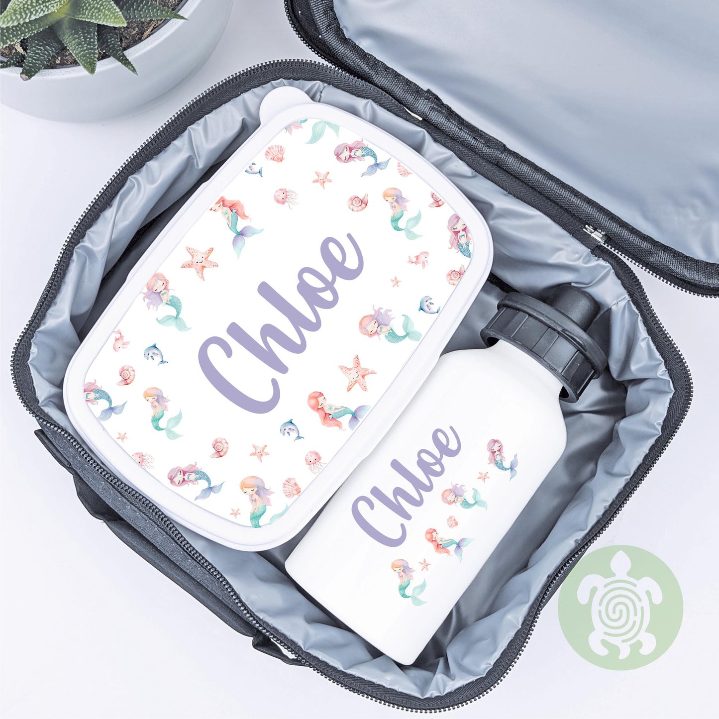 Personalised Mermaid Lunch Bag, Snack Box & Water Bottle Set - Kids Lunch Bag - Girls Lunch Box - Kids Water Bottles - Girls back to school