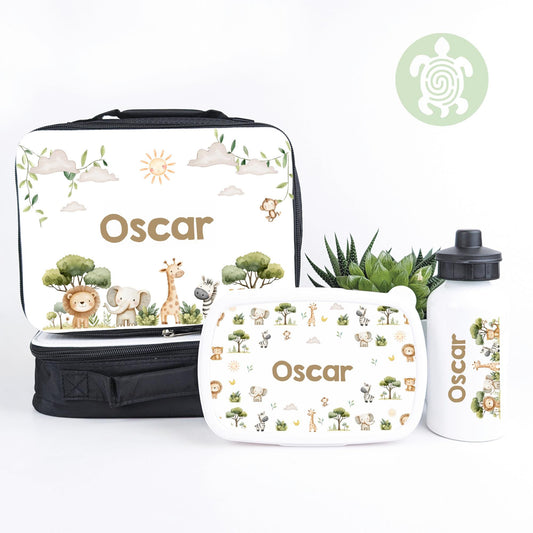 Personalised Safari Lunch Bag, Snack Box & Water Bottle Set - Kids Lunch Bag - Boys Lunch Box - Kids Water Bottles - Boys back to school