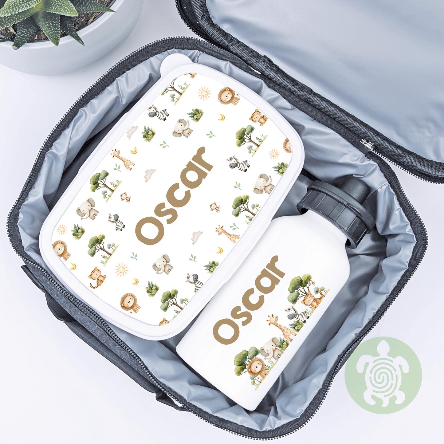 Personalised Safari Lunch Bag, Snack Box & Water Bottle Set - Kids Lunch Bag - Boys Lunch Box - Kids Water Bottles - Boys back to school