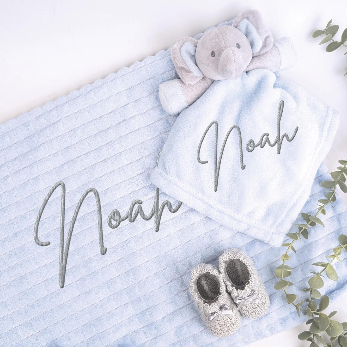Embroidered Blue Elephant Comforter Blanket Gift Set | Baby Shower Gift | Baby Booties | Baby Gift | Newborn Girl Boy | Newborn Baby Gift