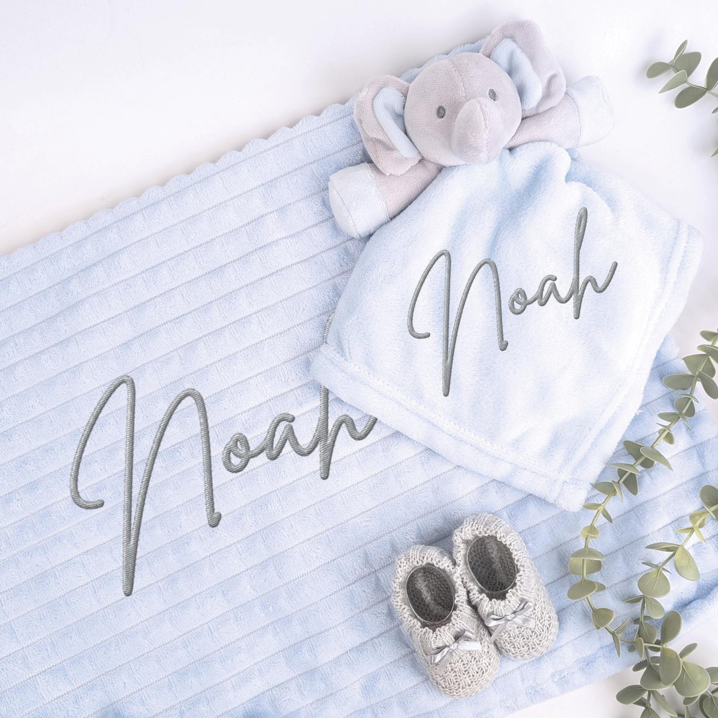 Embroidered Blue Elephant Comforter Blanket Gift Set | Baby Shower Gift | Baby Booties | Baby Gift | Newborn Girl Boy | Newborn Baby Gift