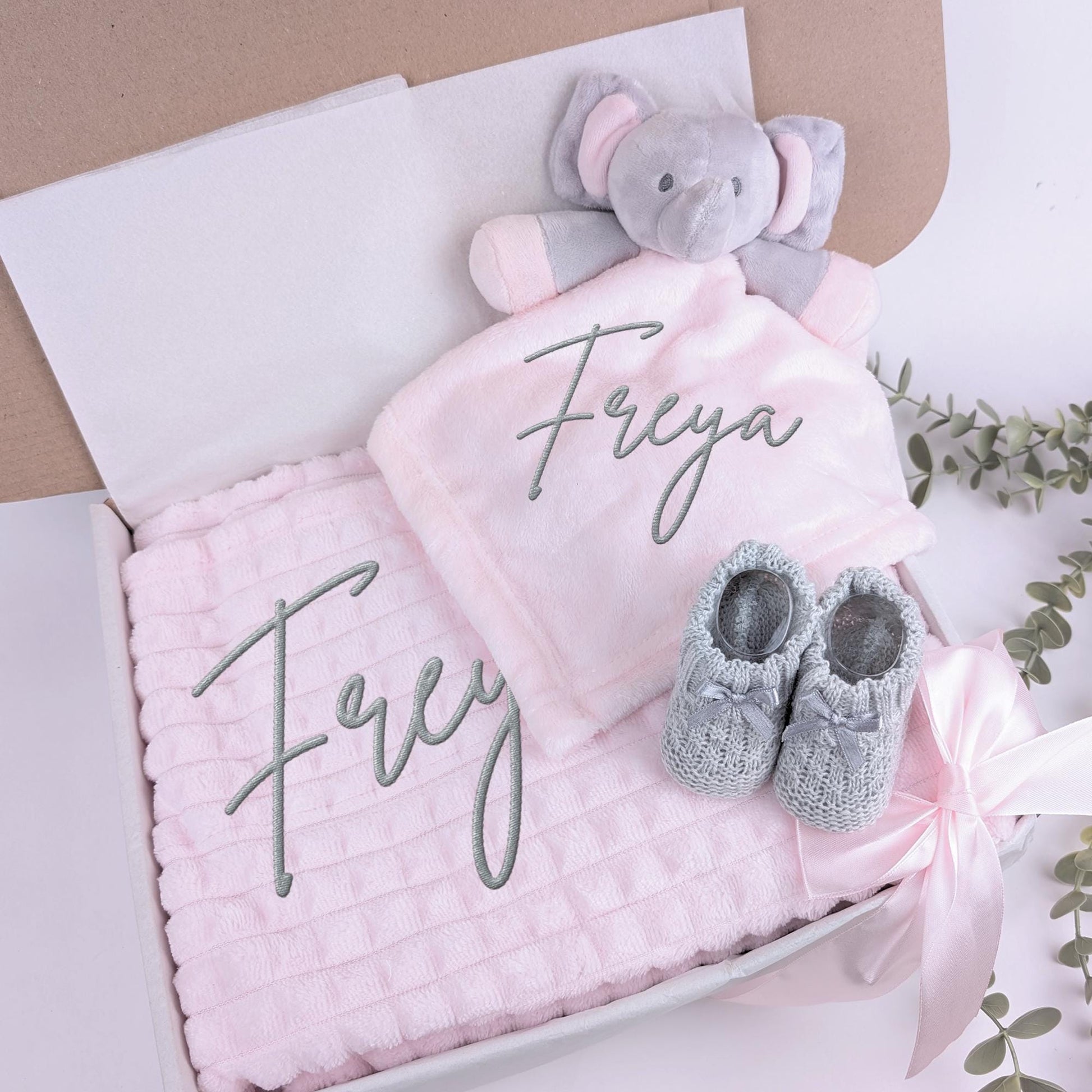 Embroidered Pink Elephant Comforter Blanket Gift Set | Baby Shower Gift | Baby Booties | Baby Gift | Newborn Girl Set | Newborn Baby Gift