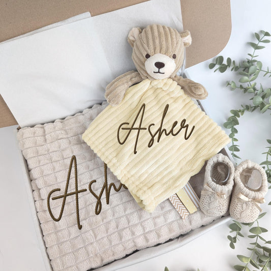 Embroidered Beige Teddy Comforter Blanket Gift Set | Baby Shower Gift | Baby Booties | Baby Gift | Newborn Girl Boy | Newborn Baby Gift