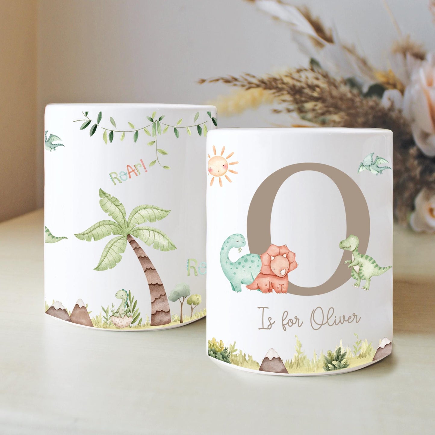 Personalised Name with Dinosaur Money Box, Nursery Decor, Dino Theme, New Baby Gift, First Birthday, Birthday Gift, Keepsake Gift