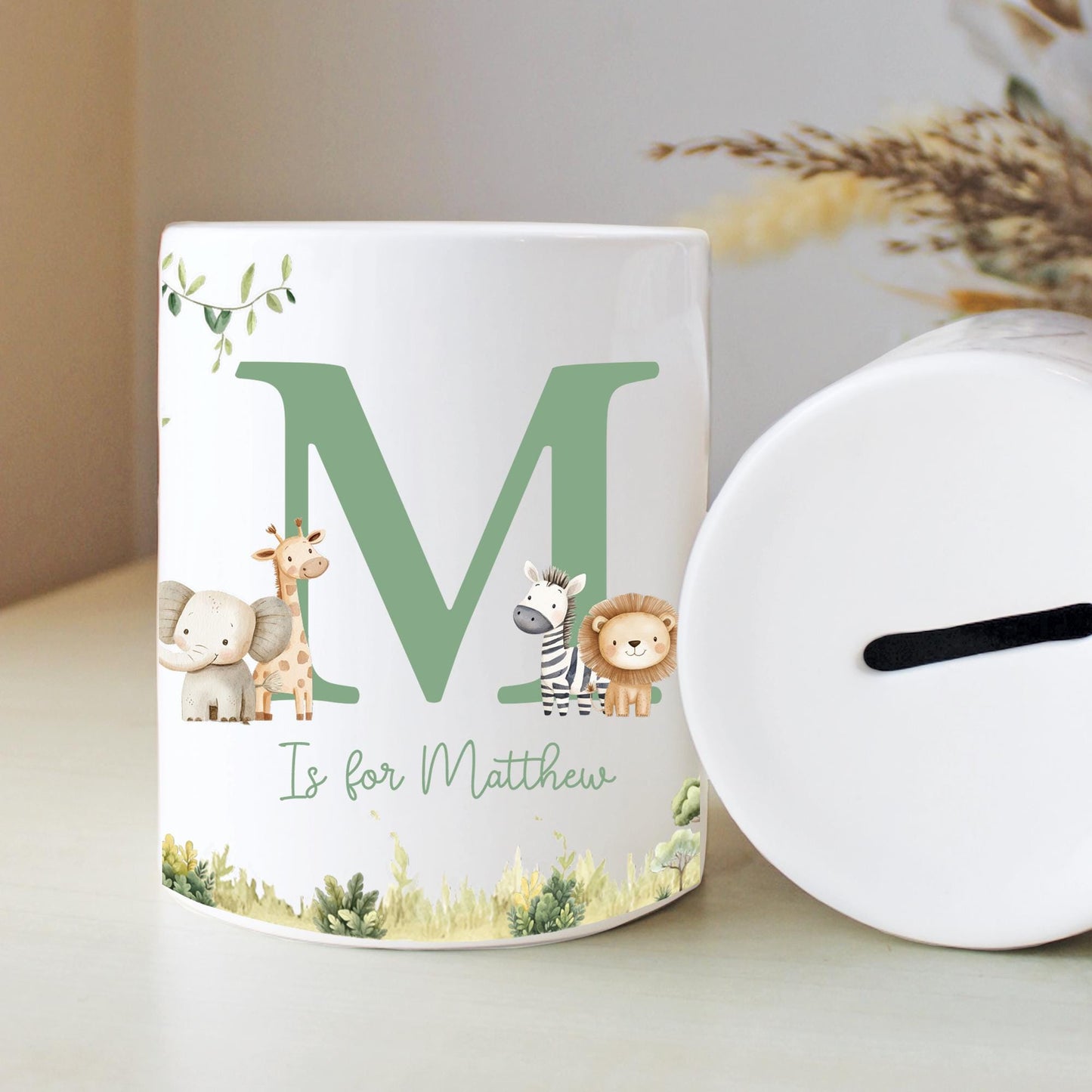 Personalised Name with Safari Money Box, Nursery Decor, Jungle Theme, New Baby Gift, First Birthday, Birthday Gift, Keepsake Gift