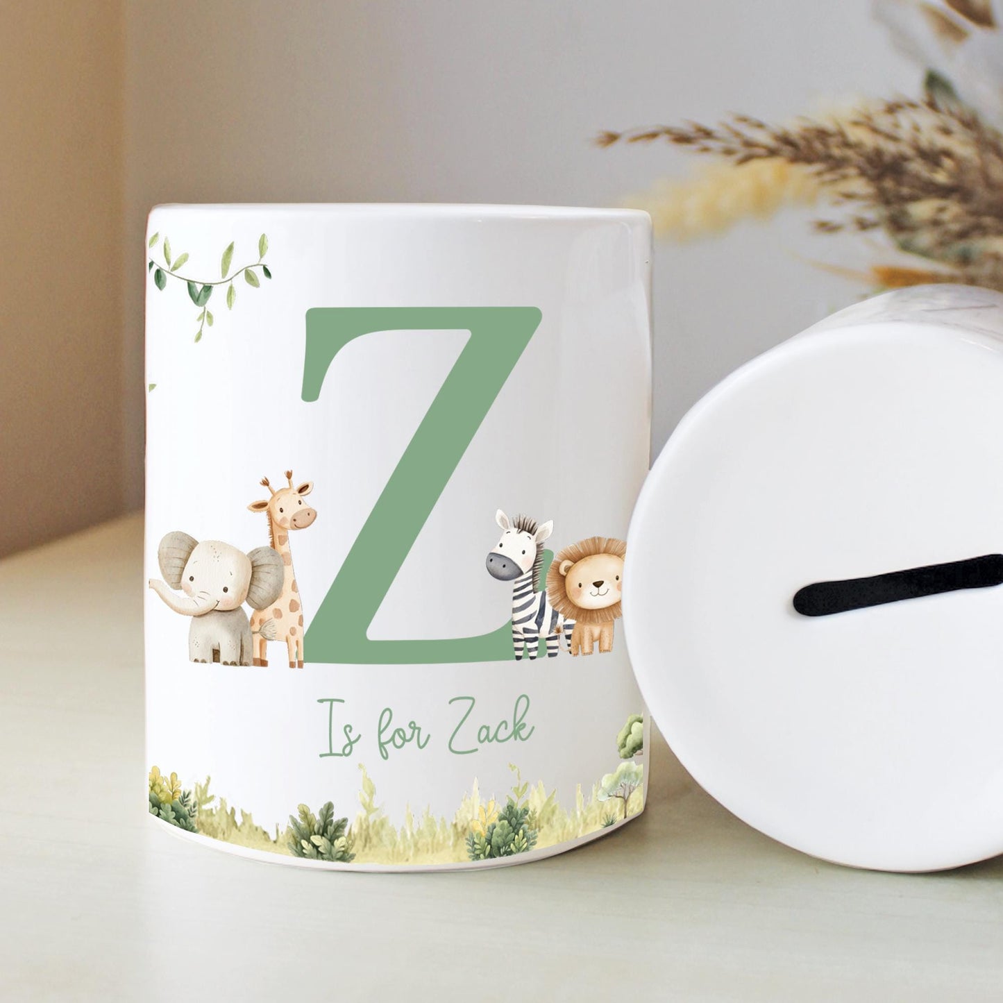 Personalised Name with Safari Money Box, Nursery Decor, Jungle Theme, New Baby Gift, First Birthday, Birthday Gift, Keepsake Gift