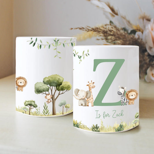 Personalised Name with Safari Money Box, Nursery Decor, Jungle Theme, New Baby Gift, First Birthday, Birthday Gift, Keepsake Gift