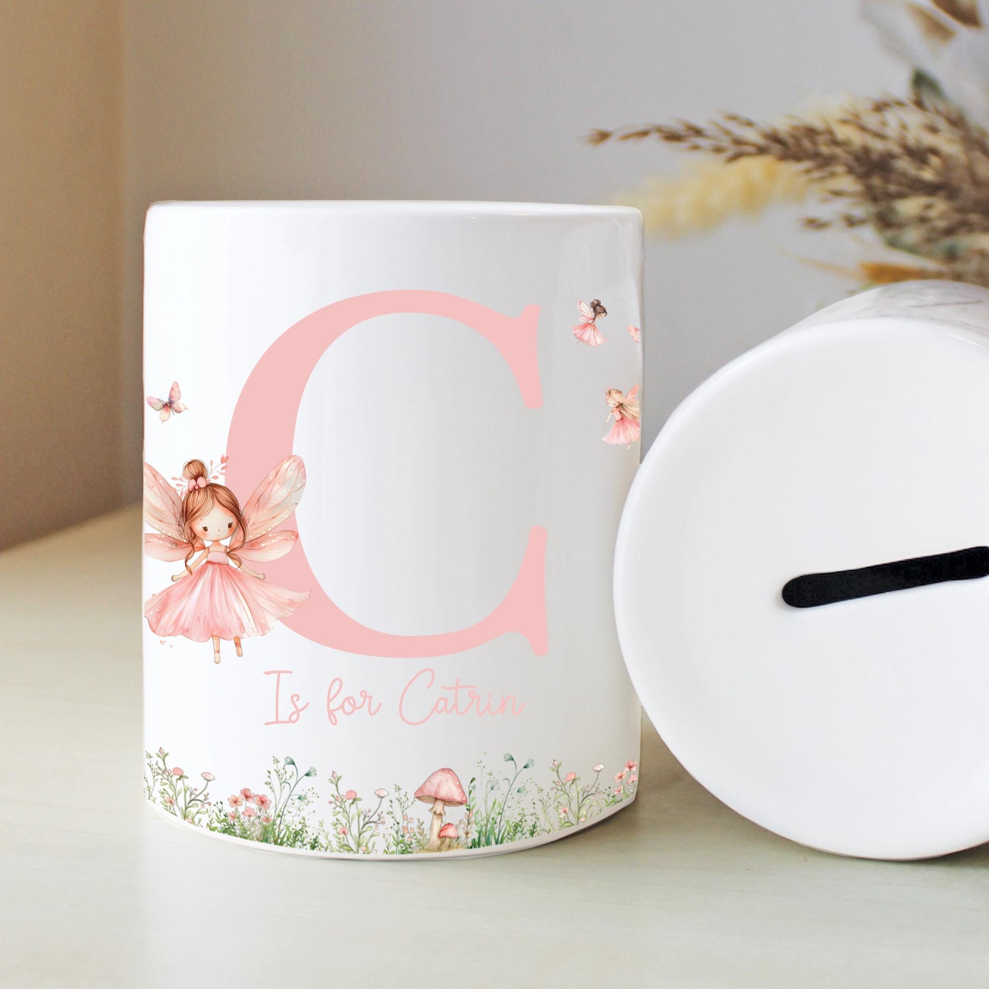 Personalised Name with Fairy Money Box, Nursery Decor, Princess Theme, New Baby Gift, First Birthday, Birthday Gift, Keepsake Gift