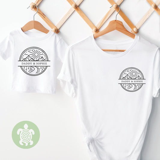 Personalised Mountain Scene Matching Adults and Childs T-shirts, Adventure Gift, Birthday Gift Baby, Child, Travel, Daddy, Father's Day