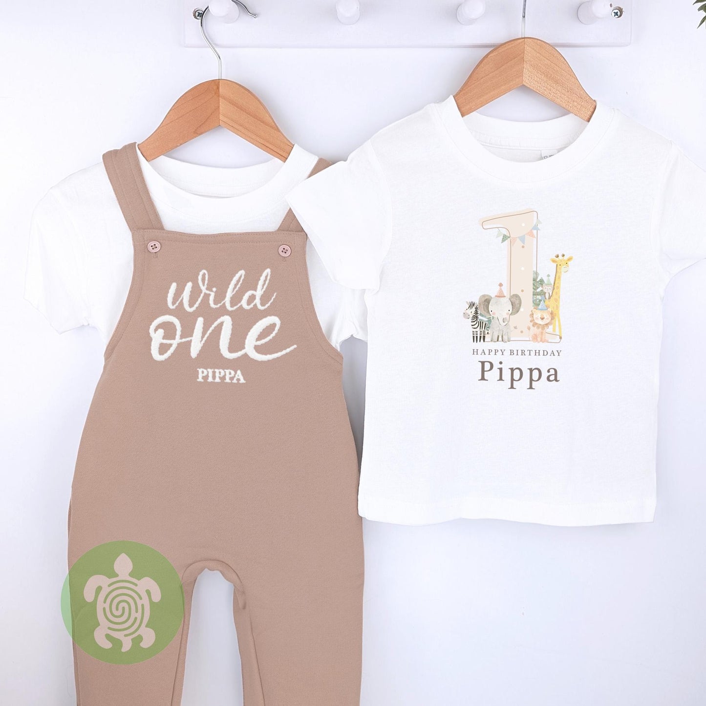 Safari Wild One Personalised Embroidered Birthday Tan Fleece Dungarees, 1st Party Outfit with Brown Print, Childs Clothing, Birthday Outfit