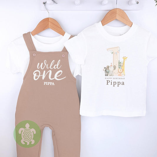 Safari Wild One Personalised Embroidered Birthday Tan Fleece Dungarees, 1st Party Outfit with Brown Print, Childs Clothing, Birthday Outfit